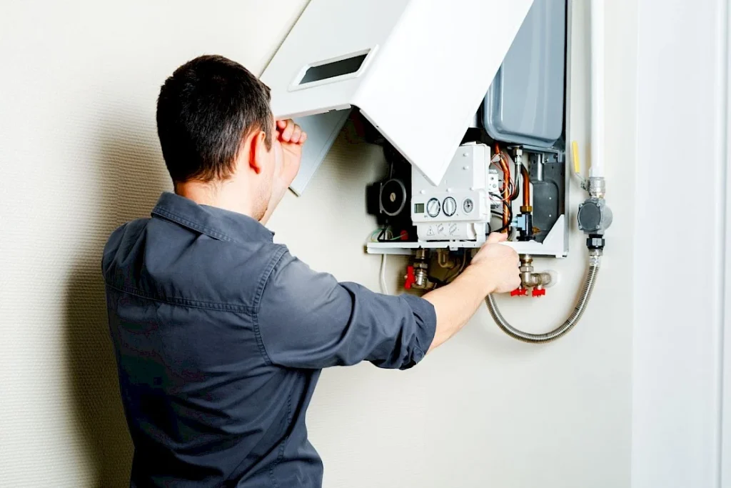 A high-level plumber is repairing a boiler featured by a eco-free boiler grant. He is wearing grey shirt.