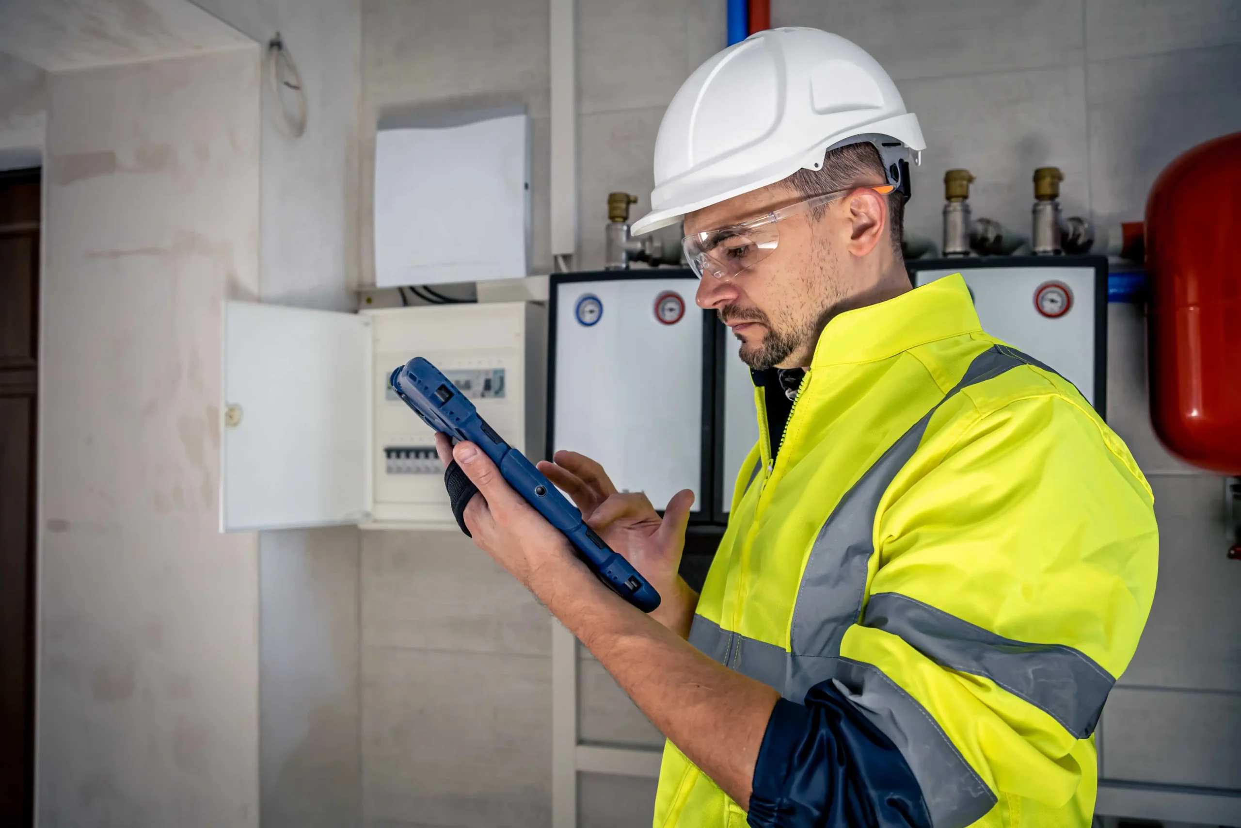 man electrical technician working switchboard with fuse uses eco free boiler grant