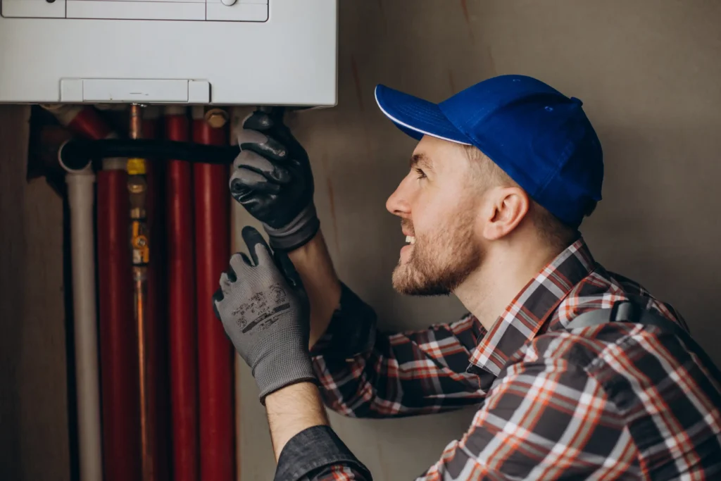 service-man-adjusting-house-heating-system from eco free boiler grant